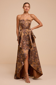 Majestic Glam Brown Jacquard Strapless High-Low Maxi Dress 1