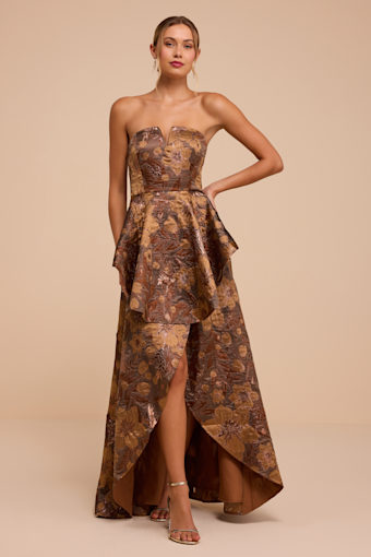 Majestic Glam Brown Jacquard Strapless High-Low Maxi Dress 1