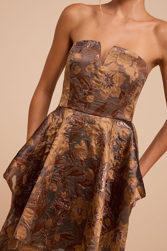 Majestic Glam Brown Jacquard Strapless High-Low Maxi Dress 2