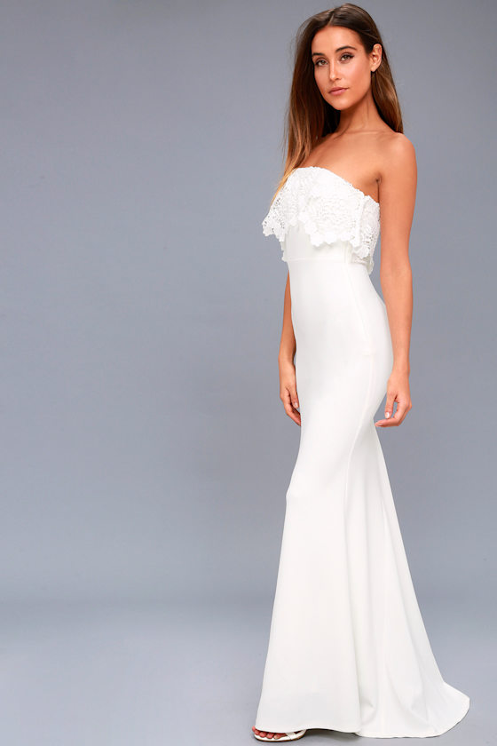 white strapless gown