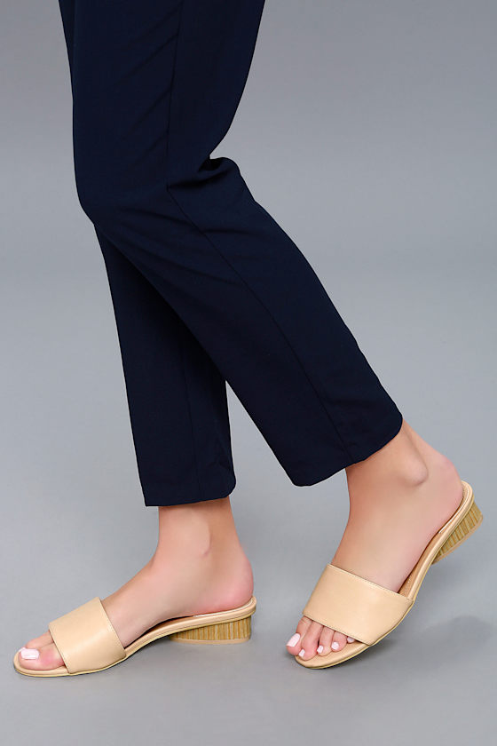 Cute Beige Slide Sanals WoodLook Heel Sandals