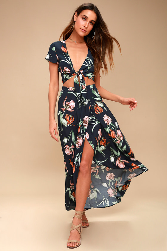 Magdalena Navy Blue Floral Print Two-Piece Maxi Dress
