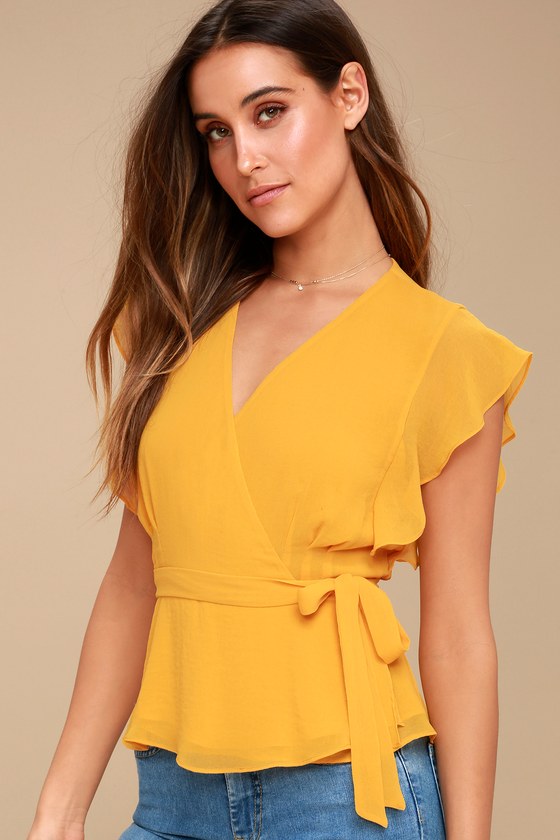 mustard yellow wrap top