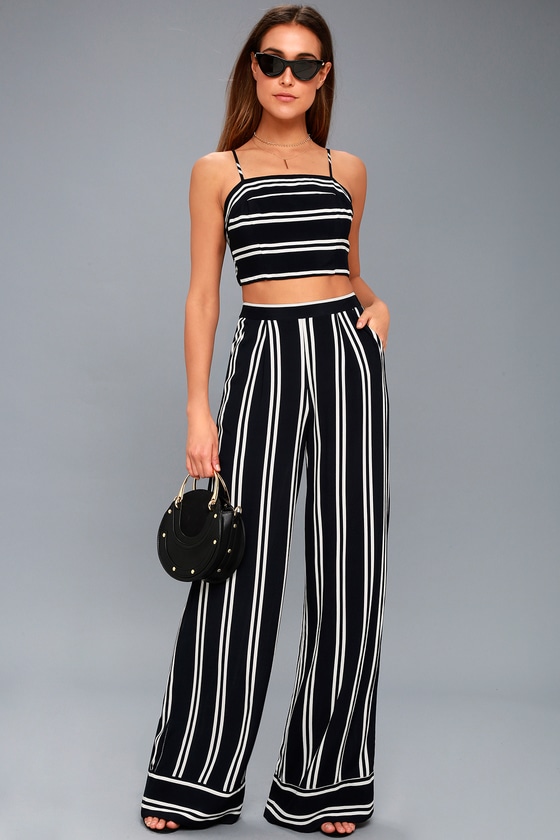 COASTAL LIVING NAVY BLUE AND WHITE STRIPED TWO-PIECE JUMPSUIT