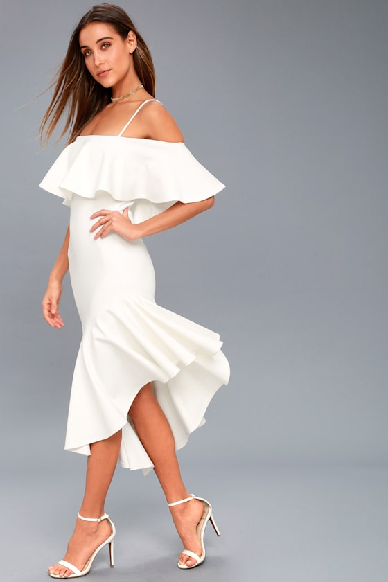 Here I Glam White Asymmetrical Off-the-Shoulder Midi Dress 3