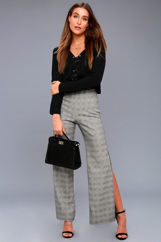 Chic Black and White Pants Houndstooth WideLeg Pants Lulus