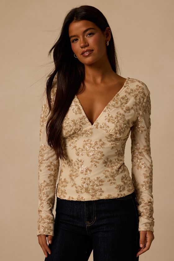 Meeko Cream Sequin Long Sleeve Top 1