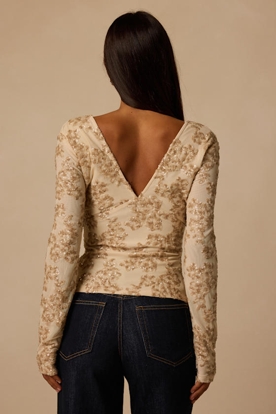Meeko Cream Sequin Long Sleeve Top 2