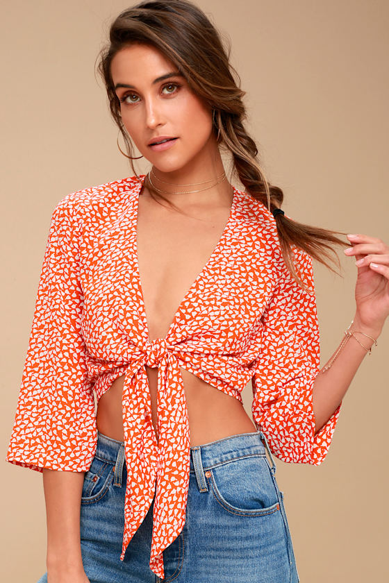 Bisbee Babe Orange and White Floral Print Crop Top 2