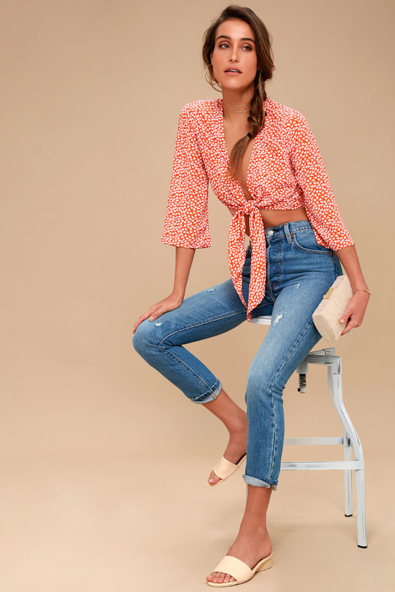 Bisbee Babe Orange and White Floral Print Crop Top 1
