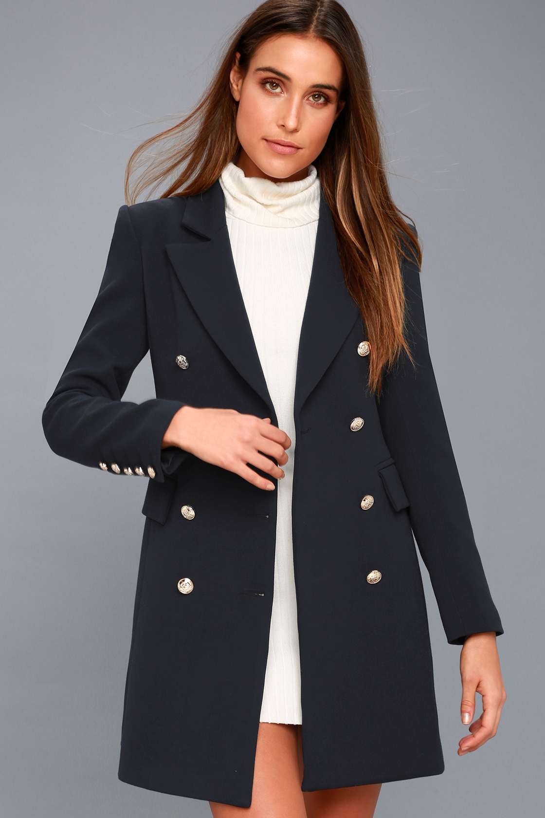 Oversized Coat with Notched Lapel and Double-Breasted - Navy Blue main image 1
