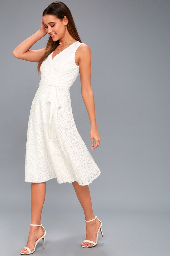 Elegant White Dress Lace Dress Midi Dress Wrap Dress Lulus