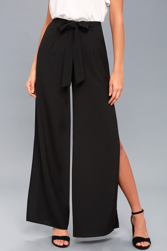 Chic Black Pants - Wide-Leg Pants - Side Slit Pants