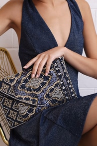 Etched in Stone Navy Blue Beaded Clutch