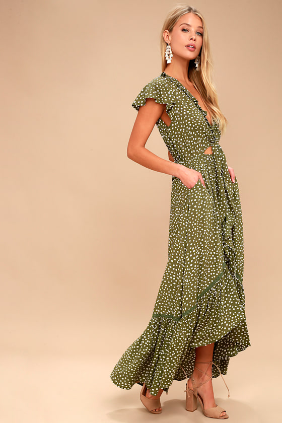 Capri Spot Tie Up Olive Green and White Polka Dot Dress 2