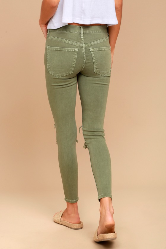 Free People High Rise Jeans - Olive Green Distressed Jeans