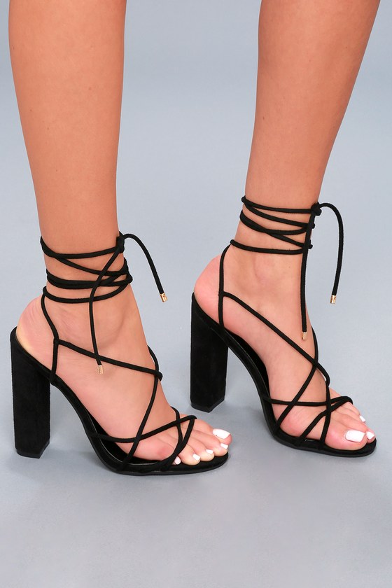 Cute Black Heels - Lace-Up Heels - Vegan Suede Heels