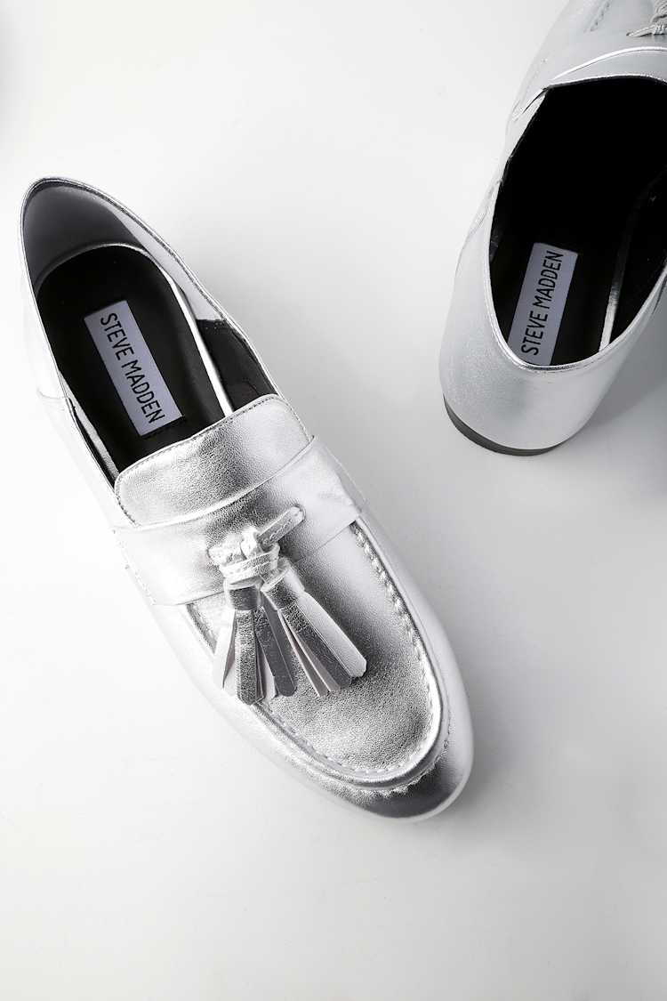 Steve Madden Shimmering Silver Loafers Steven by Steve Madden Ample Silver Crackle Metallic Penny  main image 4
