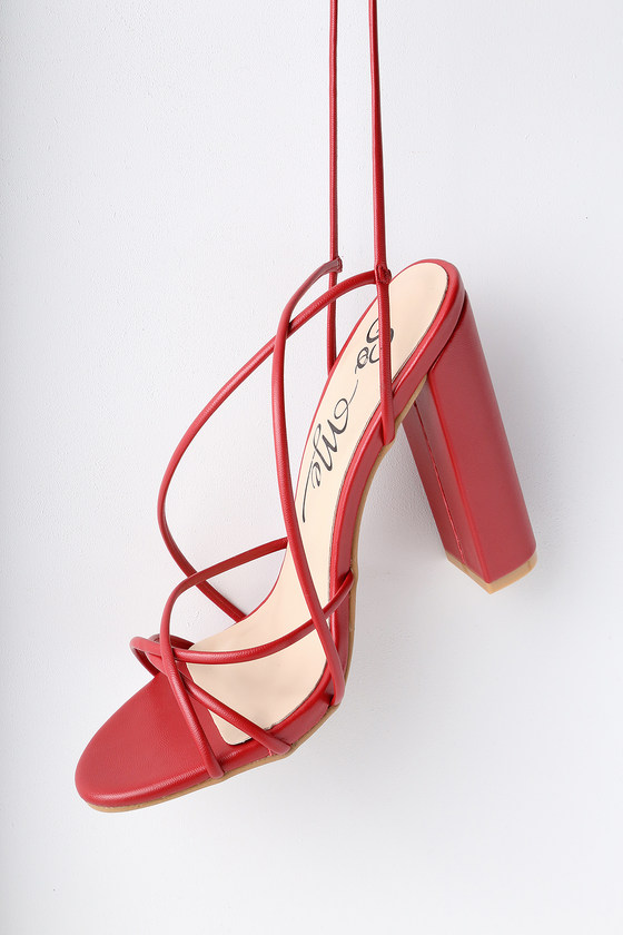 red square lace up heels