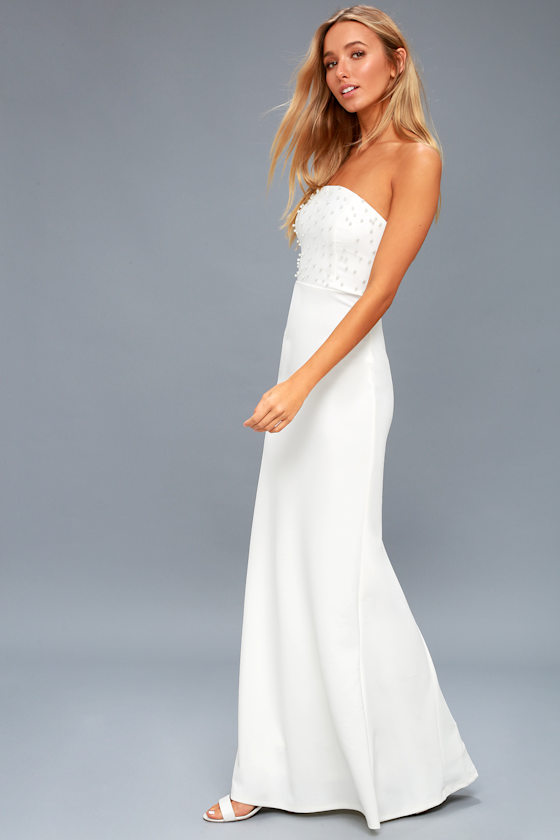 Blair White Pearl Strapless Maxi Dress 2