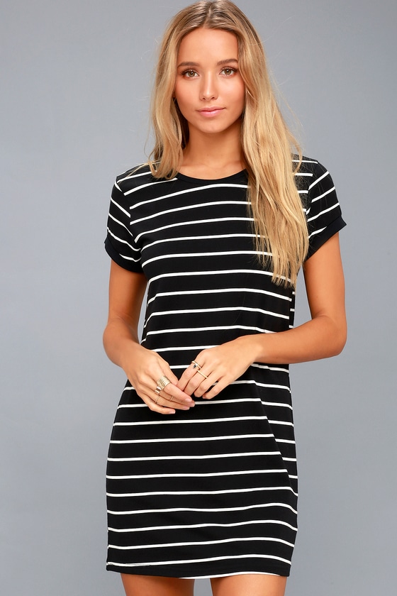 black and white striped shirt dress