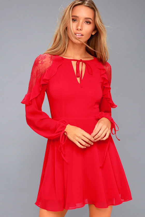 City of Love Red Lace Long Sleeve Skater Dress 1