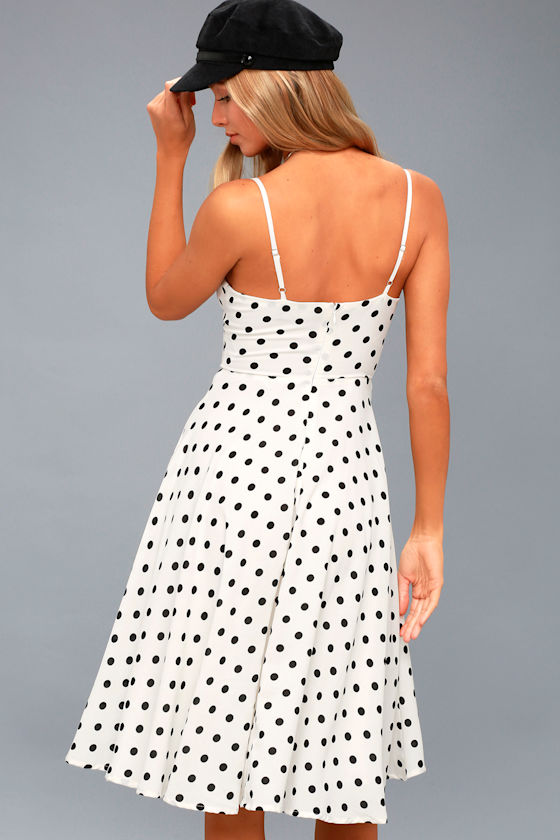 【LOULOUSEOUL】Polka Dot Silk Dress (White) Chic White Dress - Midi Dress - Black Polka Dot Dress - Lulus