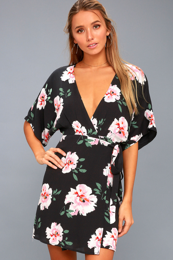 Lovely Black Floral Print Dress - Floral Print Wrap Dress - Lulus