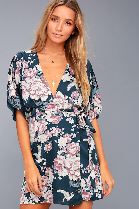 Pretty Blue Floral Print Dress Satin Dress Wrap Dress Lulus