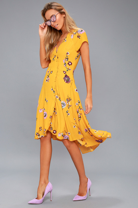 Lost in You Golden Yellow Floral Print Midi Dress