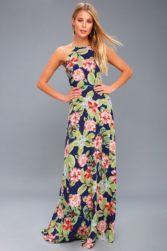 Cute Navy Blue Maxi Dress - Tropical Floral Print Dress - Lulus