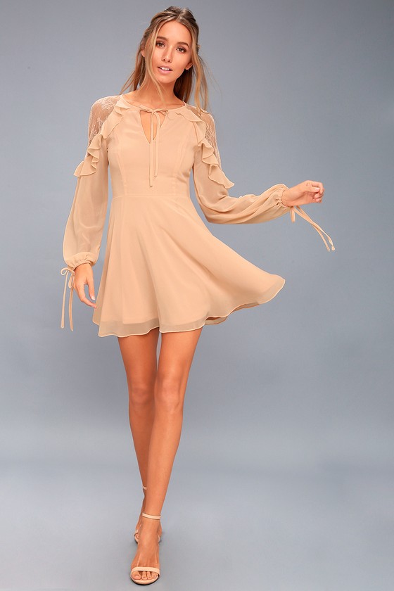City of Love Peach Lace Long Sleeve Skater Dress