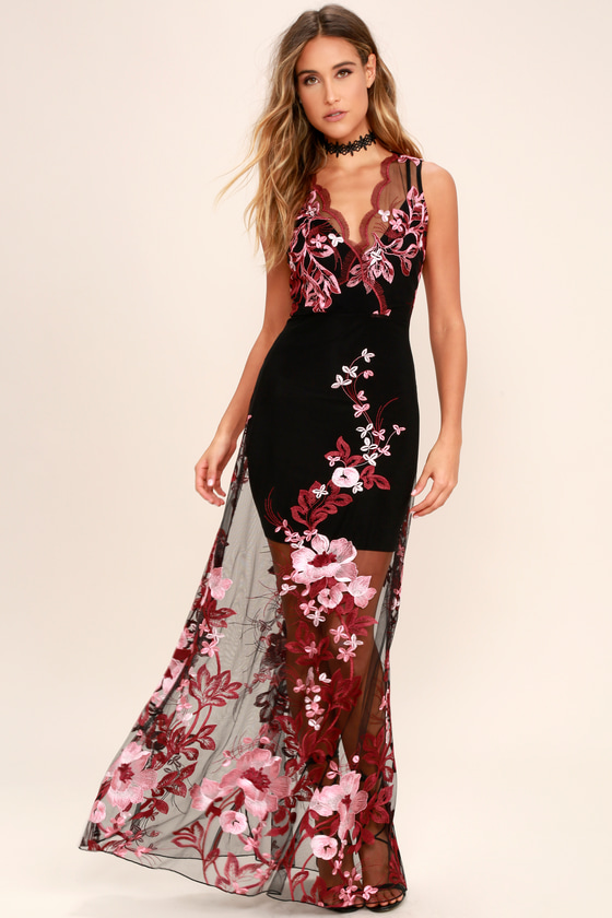 Work the Bloom Wine Red and Black Embroidered Maxi Dress