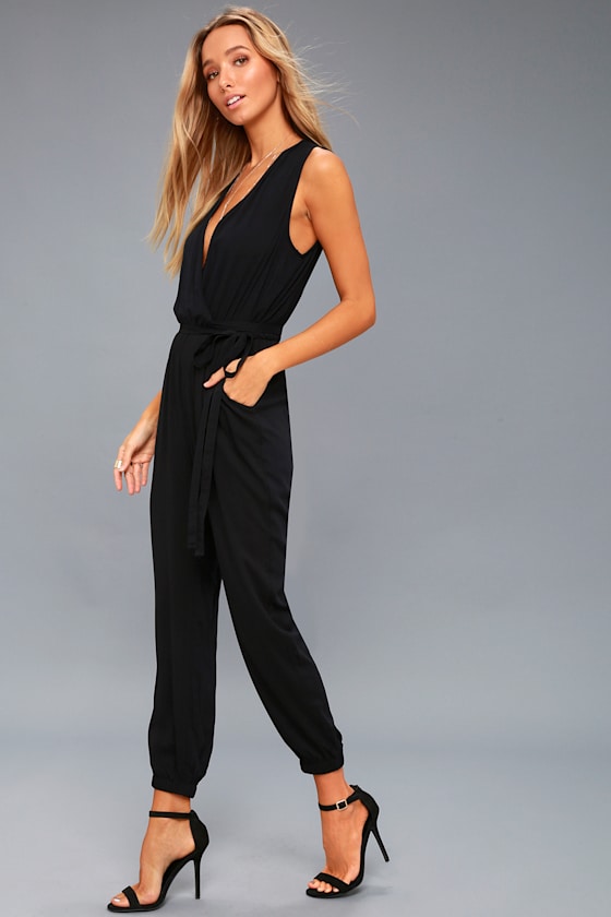 Black Jumpsuit Sleeveless Jumpsuit Surplice Jumpsuit
