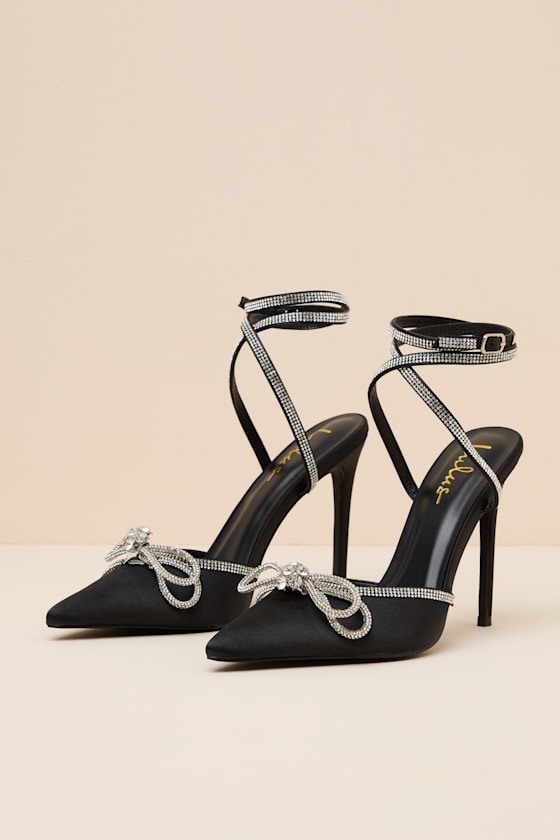 Lullie Black Satin Rhinestone Ankle Strap Pointed-Toe Pumps - thumbnail 5