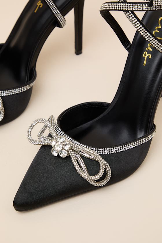 Lullie Black Satin Rhinestone Ankle Strap Pointed-Toe Pumps - thumbnail 6