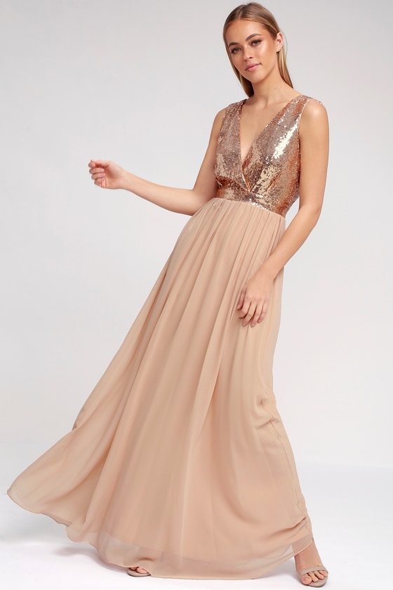 Lovely Champagne Maxi Dress - Sequin Maxi Dress
