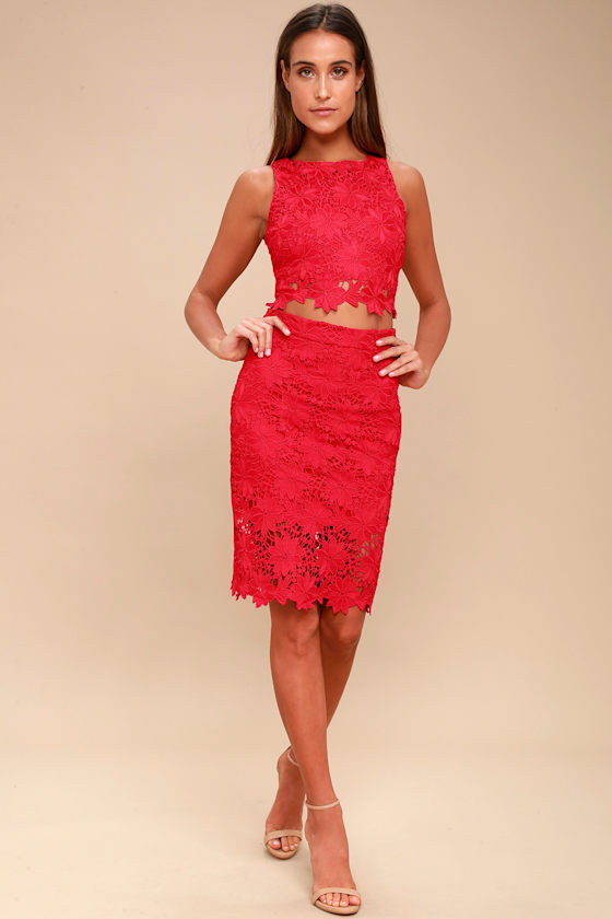 red lace two piece set