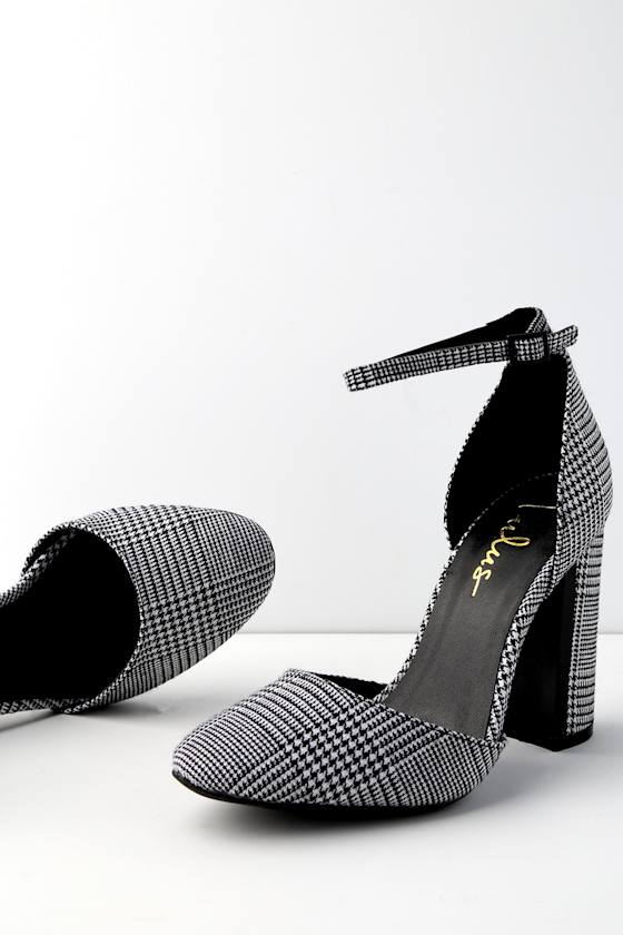 Laura Black and White Houndstooth Ankle Strap Heels 6