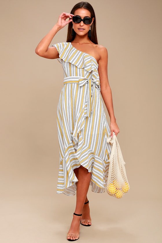 High Tide Yellow Striped One Shoulder Midi Dress 1