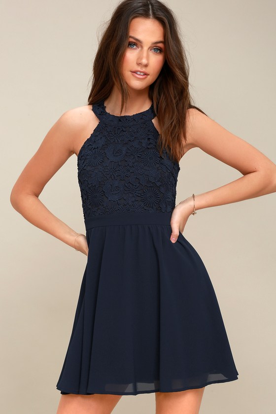 Cute Navy Blue Dress Lace Dress Halter Skater Dress Cute Navy Blue Dress Lace Dress Halter Skater Dress