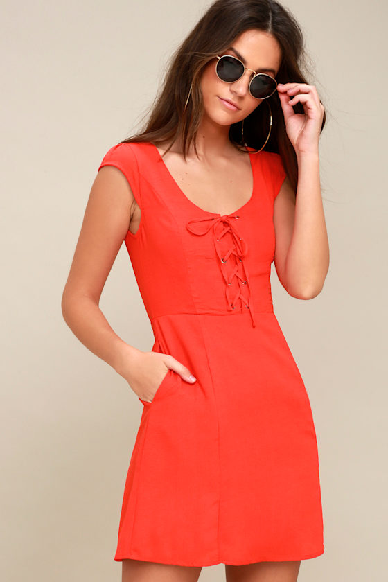 Sunny Spot Coral Red Lace-Up Dress 2