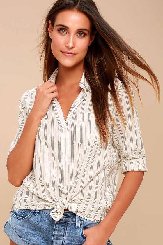 Cute Washed Navy Blue Striped Top - Button-Up Top - Lulus