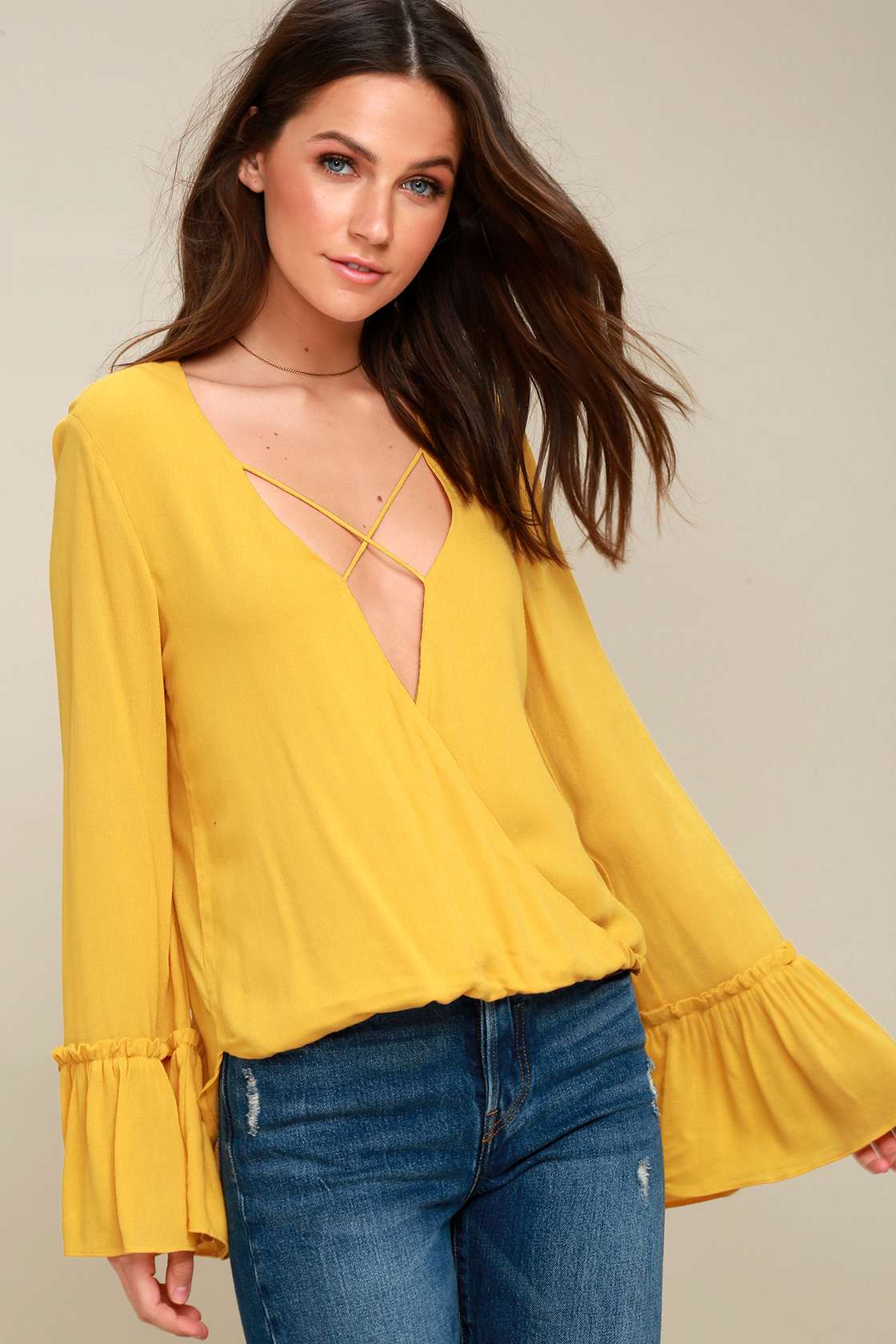 Mustard Yellow Top Long Sleeve Top Surplice Top Lulus