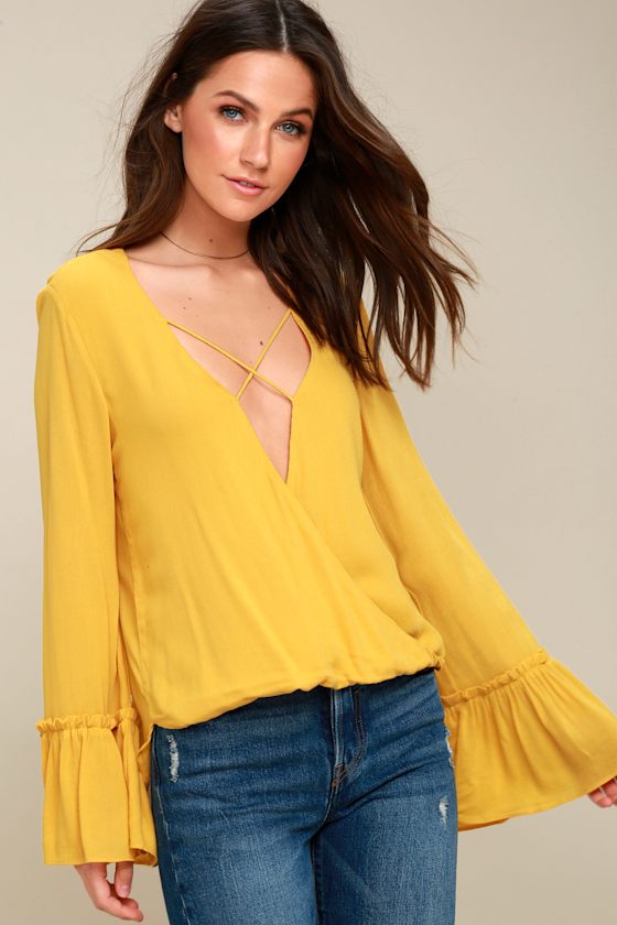 Mustard Yellow Top Long Sleeve Top Surplice Top Lulus