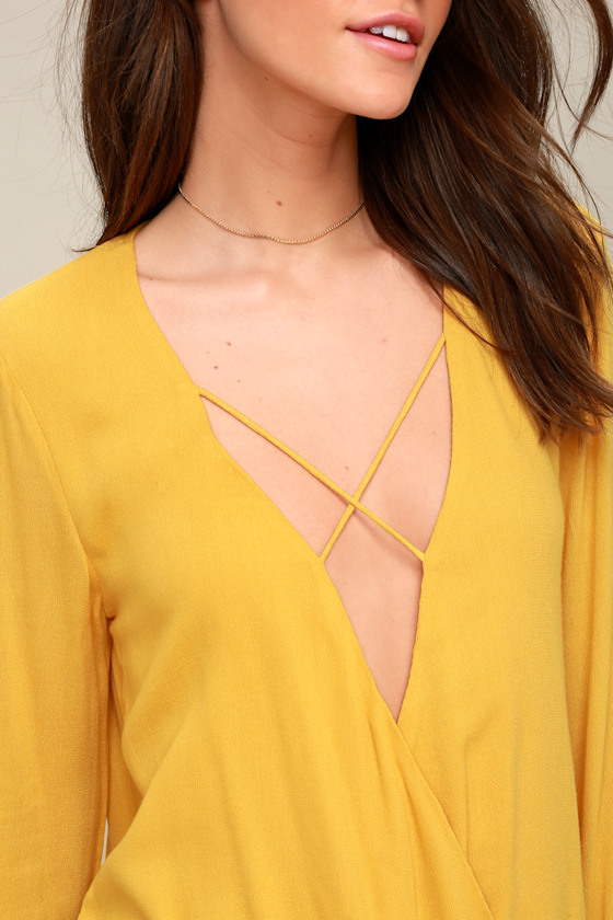 Mustard Yellow Top Long Sleeve Top Surplice Top