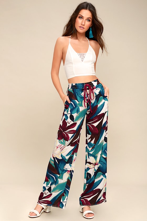 Cute White Pants - Wide-Leg Pants - Floral Print Pants - Lulus