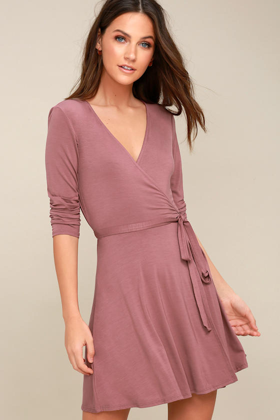 Cool Mauve Dress Wrap Dress Fit and Flare Dress Lulus