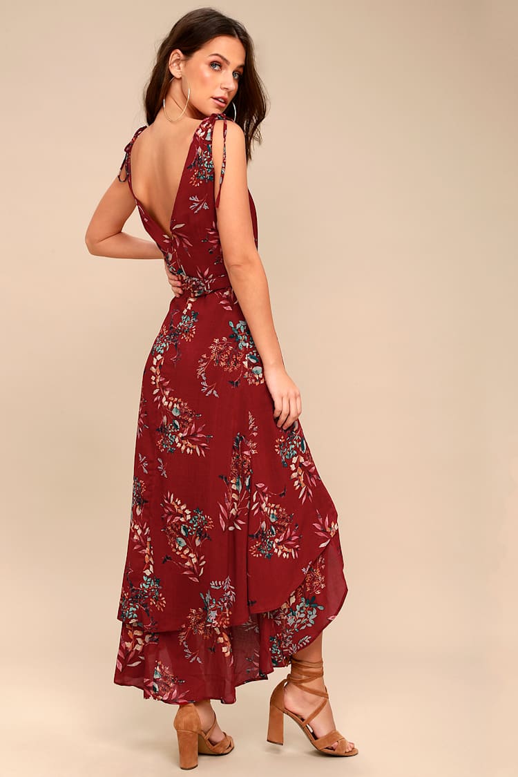 lulus burgundy floral dress Oriana Burgundy Floral Satin Strapless Midi Dress