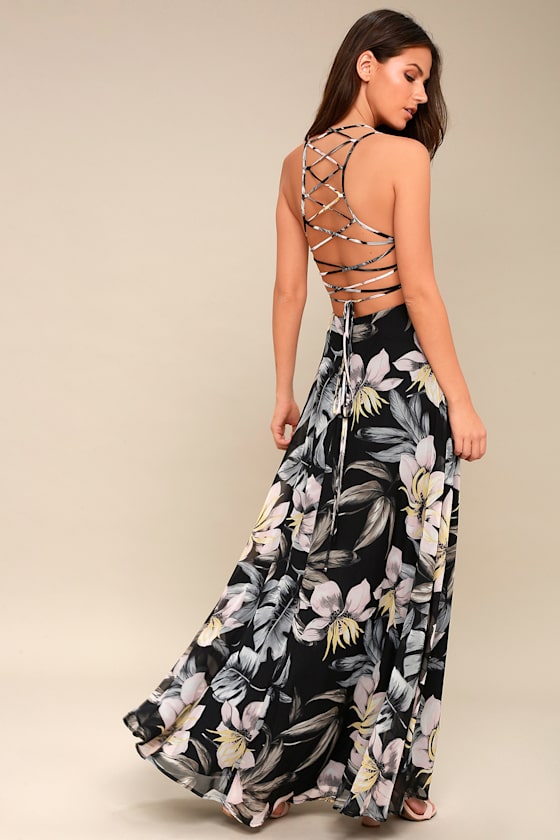 Black Floral Lace Charming Back Maxi Dress